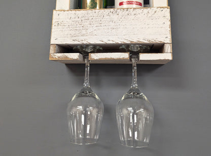 Wall Mount Wooden Wine Rack -2 Bottle Holder with Glass Hanger- Amish Made