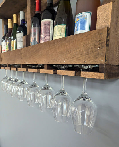 Wall Mounted Wooden 10 Bottle Wine Rack & Glass Hanger - Amish Made