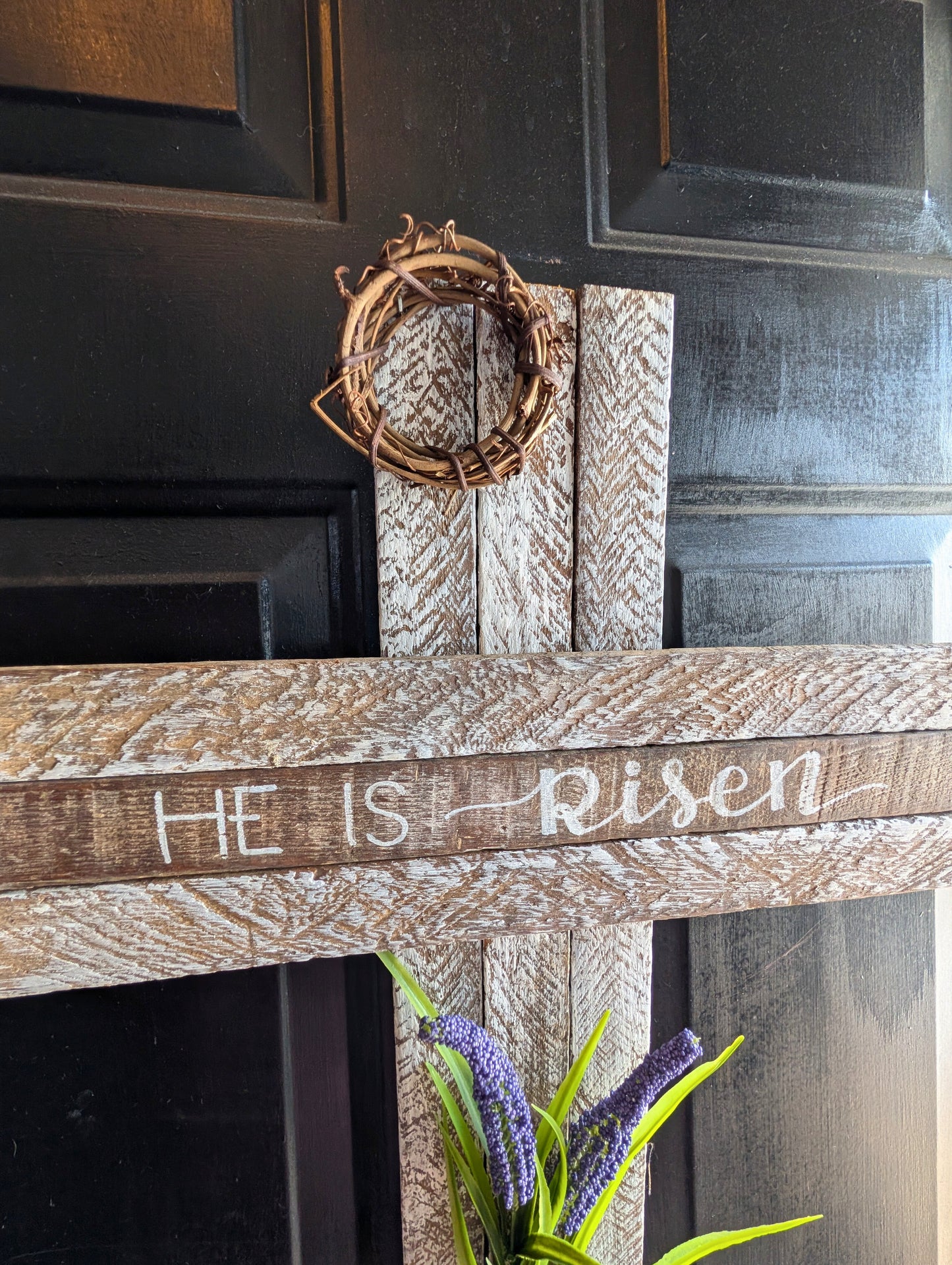 Amish Made Wooden "He is risen" Cross Decor | Wood Lathe Cross | Rustic Farmhouse Christian Home Decor | White or Natural Wood