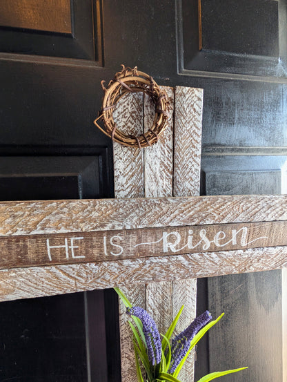 Amish Made Wooden "He is risen" Cross Decor | Wood Lathe Cross | Rustic Farmhouse Christian Home Decor | White or Natural Wood