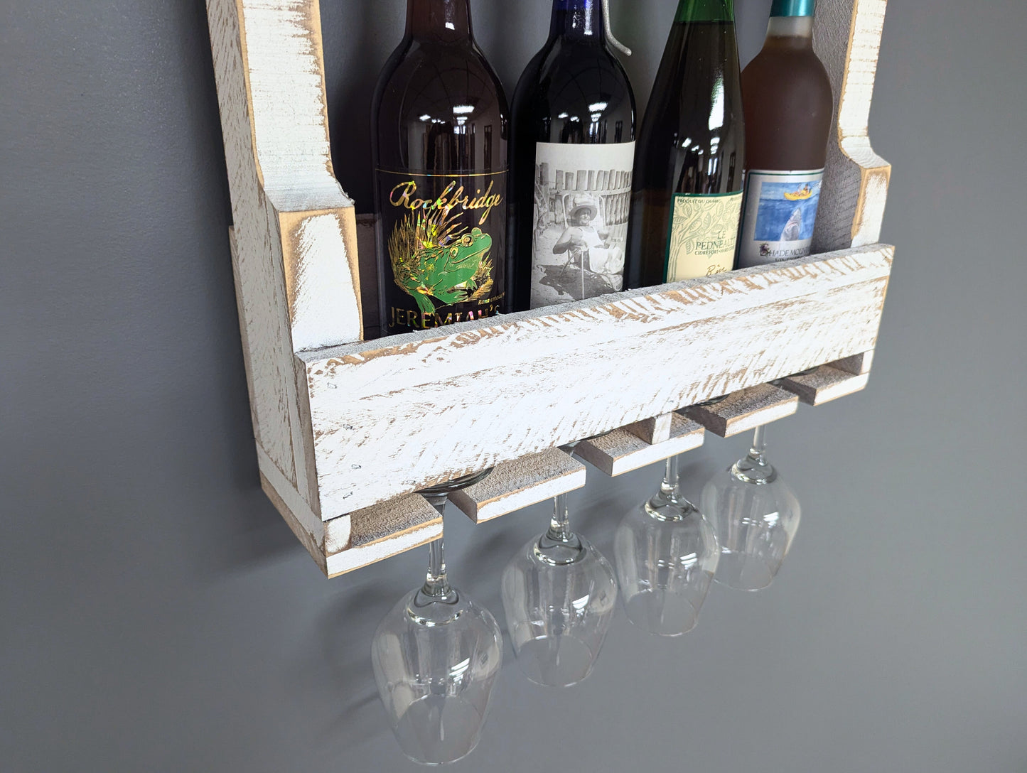 Wooden Wall Mount 4 Bottle Wine Rack - Amish Made Wine Storage & Wine Glass Hanger
