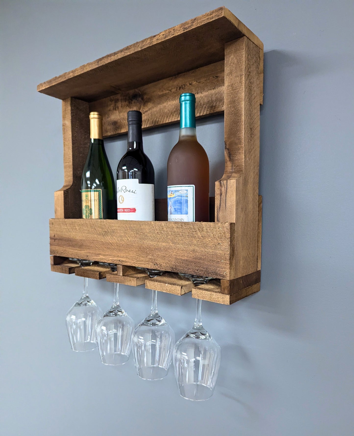 Wooden Wall Mount 4 Bottle Wine Rack - Amish Made Wine Storage & Wine Glass Hanger