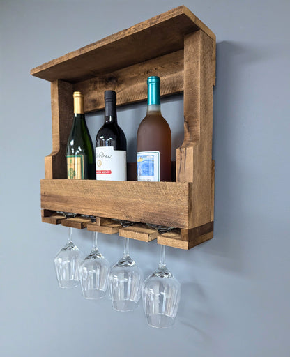 Wooden Wall Mount 4 Bottle Wine Rack - Amish Made Wine Storage & Wine Glass Hanger