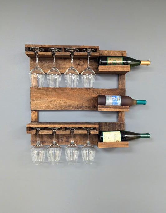 Wooden Wine Rack- 3 Bottle Wine Bar with 8 Glass Holder