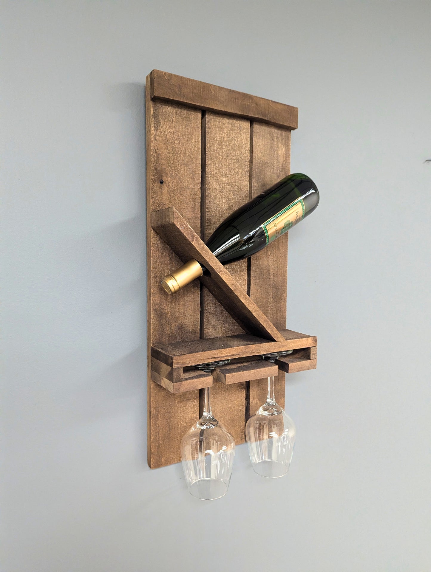 Wall Mount Wooden Wine Rack - Amish Made 1 Bottle Holder with Glass Hanger