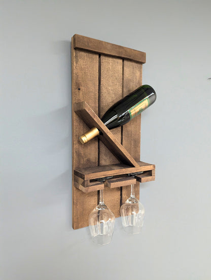 Wall Mount Wooden Wine Rack - Amish Made 1 Bottle Holder with Glass Hanger