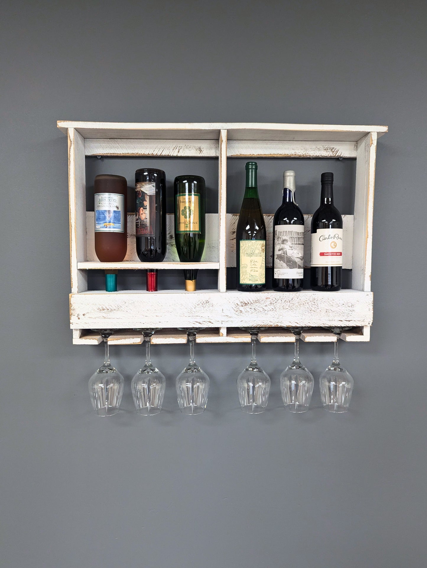 Amish Made 6 Bottle Wine Rack - Wall Mount Wine Storage & Glass Hanger - Wooden Pallet Bar Decor - Kitchen Organization