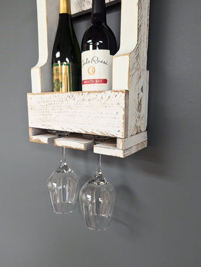 Wall Mount Wooden Wine Rack -2 Bottle Holder with Glass Hanger- Amish Made