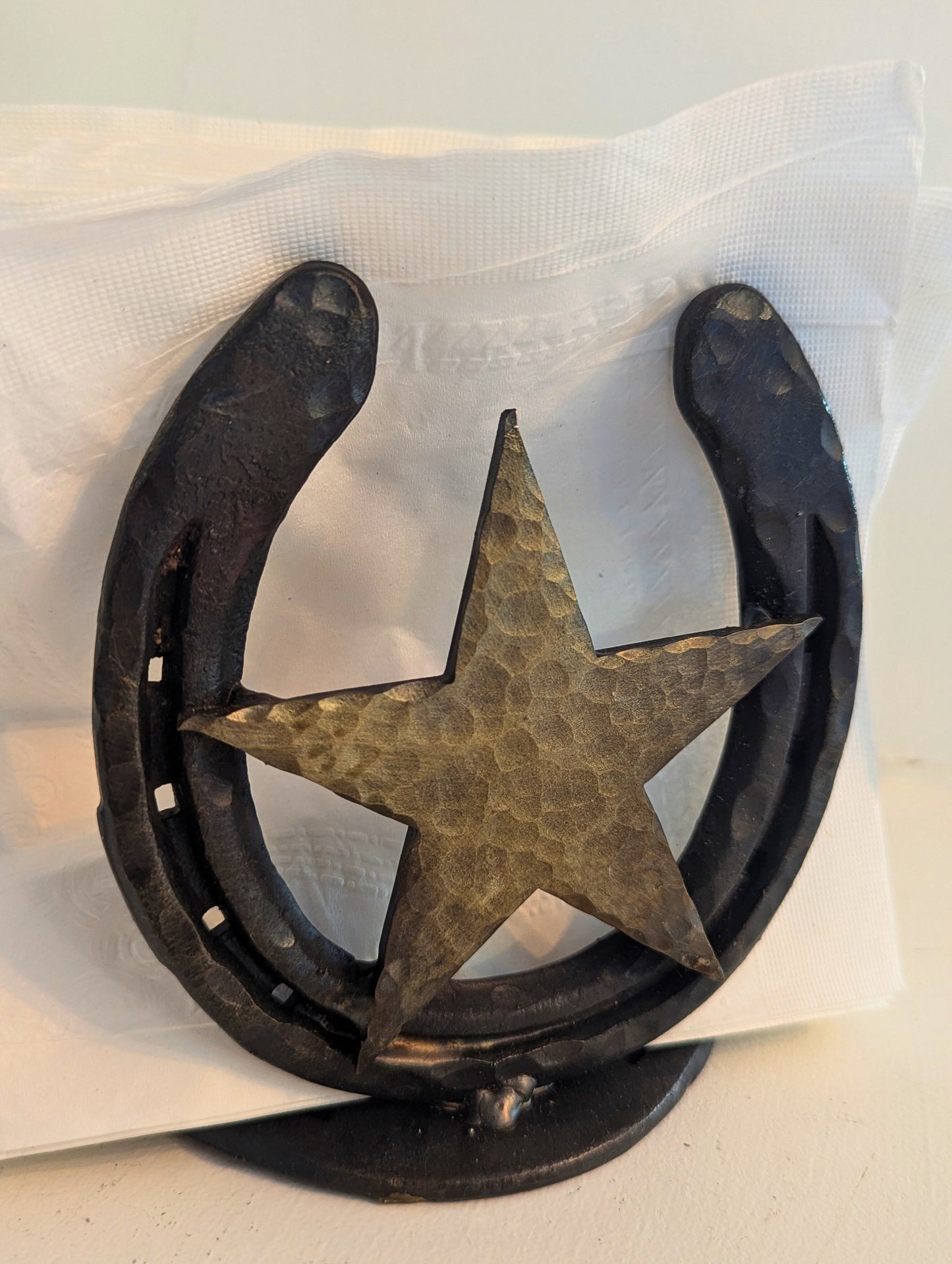 Hand-Forged Steel Napkin Holder - Horseshoe and Star Accent | Amish Blacksmith made Kitchen Accessory | Rustic Farm, Ranch, & Metal Decor