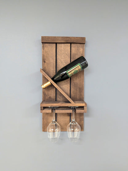 Wall Mount Wooden Wine Rack - Amish Made 1 Bottle Holder with Glass Hanger