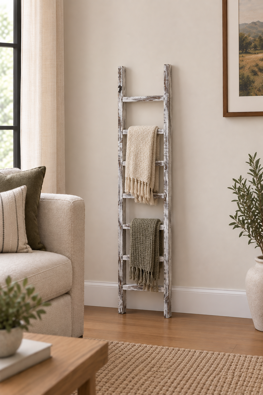Amish Made 4 Ft Blanket Ladder, Farmhouse Blanket Holder, Decorative Wood Ladder, Handmade Home Decor