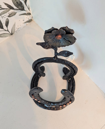Forged Steel Napkin Holder w/ Horseshoe and Flower Accent –  Rustic Kitchen Accessory, Flower Design for Pony Lovers, Ranch & Farm Decor