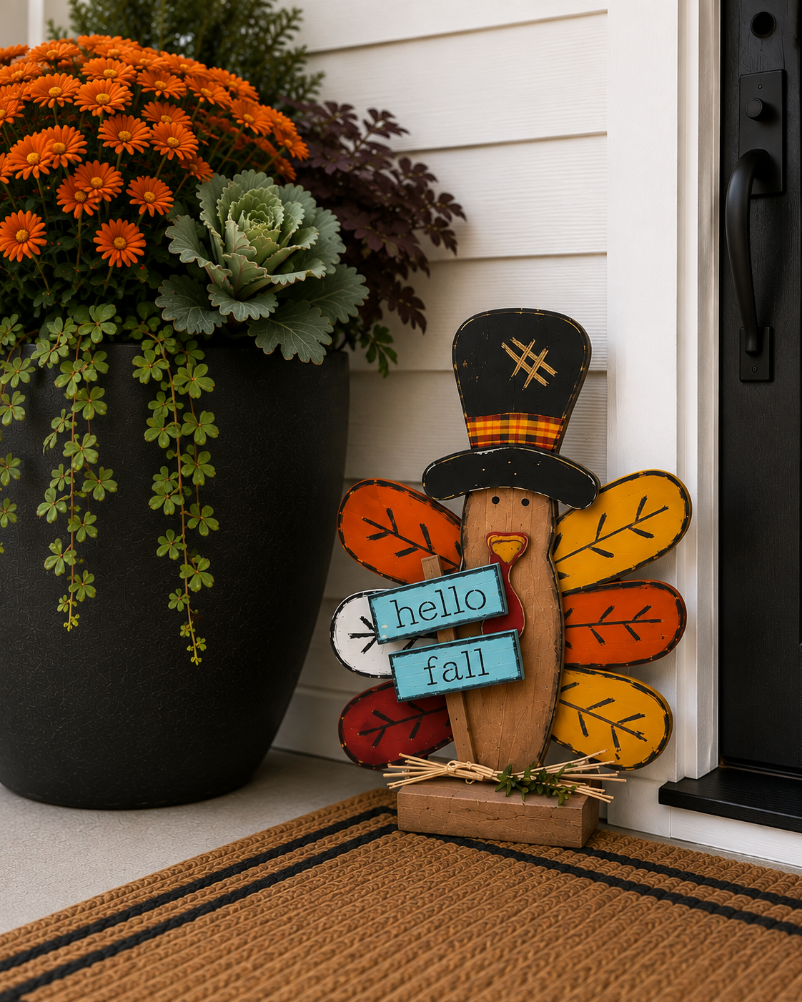 Amish Made Hello Fall Turkey Porch Sitter and Yard Stake | Handmade Wooden Garden Decor | Rustic Fall Decor