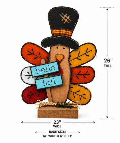 Amish Made Hello Fall Turkey Porch Sitter and Yard Stake | Handmade Wooden Garden Decor | Rustic Fall Decor