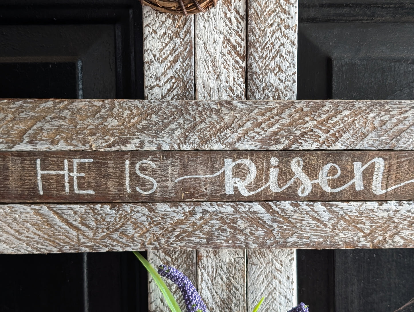 Amish Made Wooden "He is risen" Cross Decor | Wood Lathe Cross | Rustic Farmhouse Christian Home Decor | White or Natural Wood