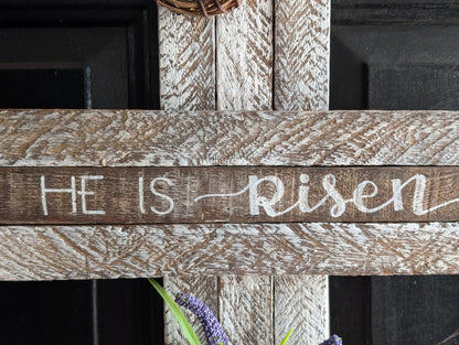 Amish Made Wooden "He is risen" Cross Decor | Wood Lathe Cross | Rustic Farmhouse Christian Home Decor | White or Natural Wood