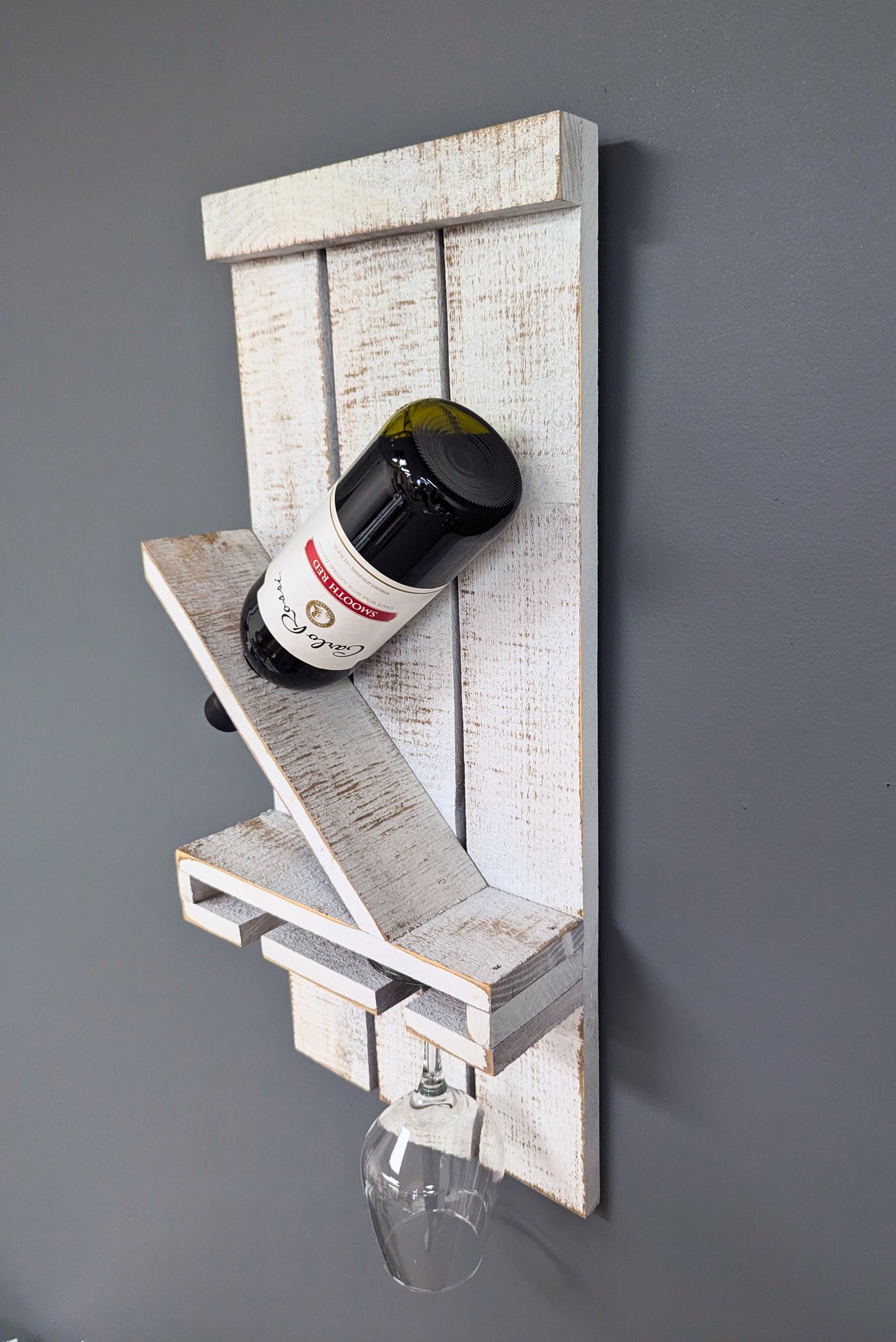 Wall Mount Wooden Wine Rack - Amish Made 1 Bottle Holder with Glass Hanger