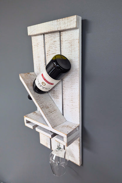 Wall Mount Wooden Wine Rack - Amish Made 1 Bottle Holder with Glass Hanger