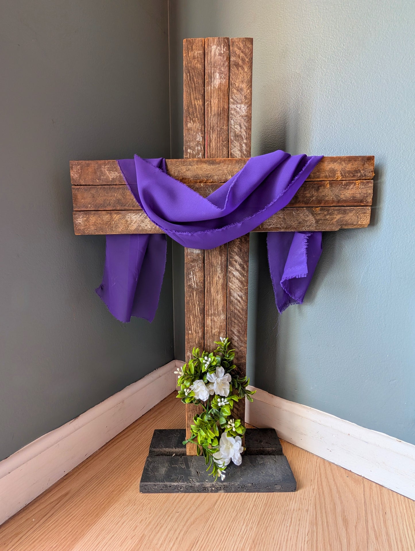 Amish Made Wooden Cross Decor | Wood Lathe Cross with Base | Rustic Farmhouse Christian Home Decor | Small or Large | White or Natural Wood