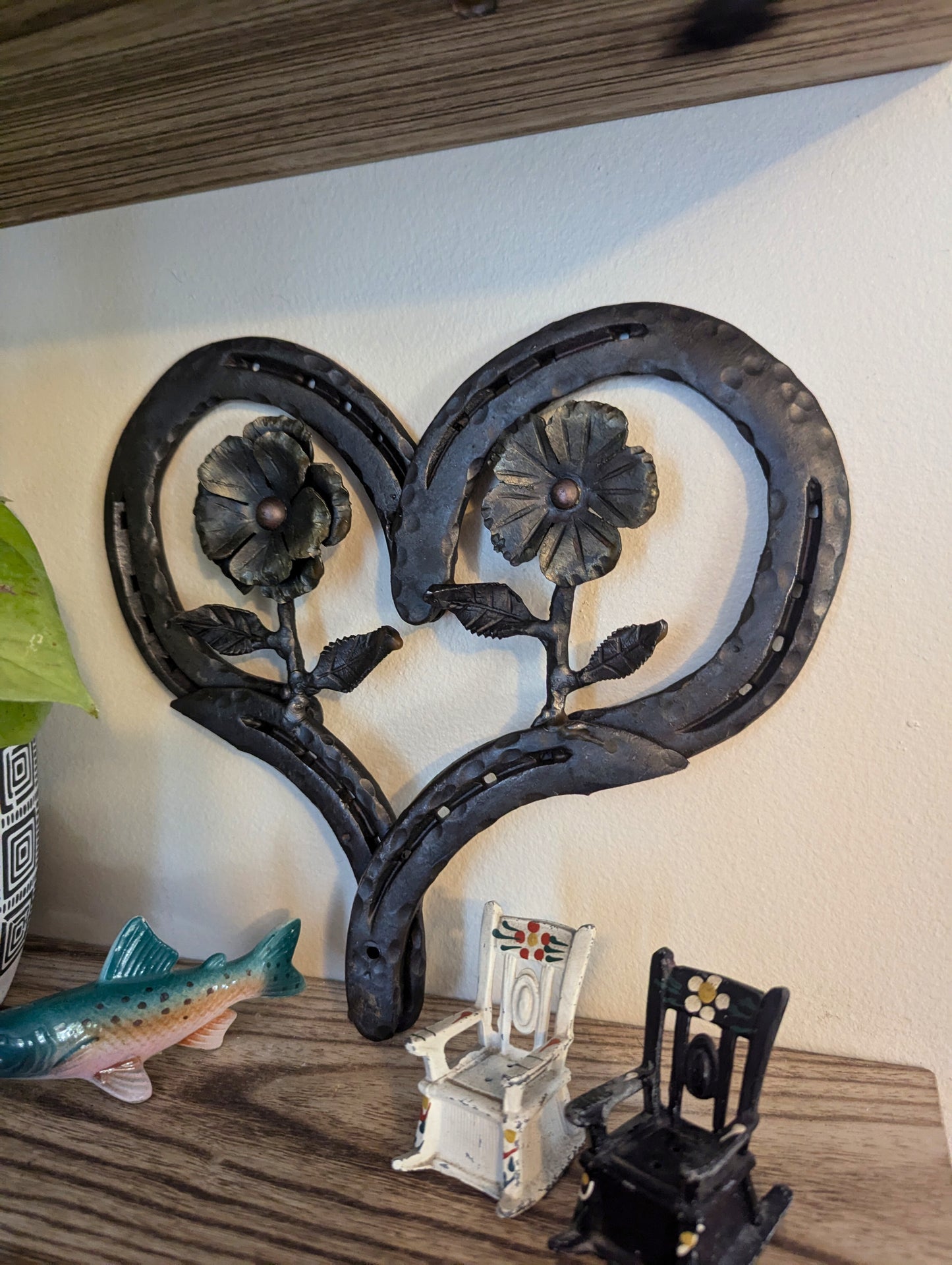 Amish Hand Forged Steel Heart Decor w/ Flower & Leaf Accents - Horseshoe,  Gift for Her, Stand Alone Decoration, Valentine's Gift.