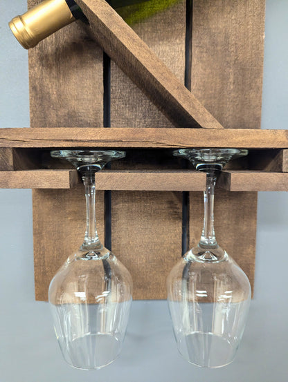 Wall Mount Wooden Wine Rack - Amish Made 1 Bottle Holder with Glass Hanger