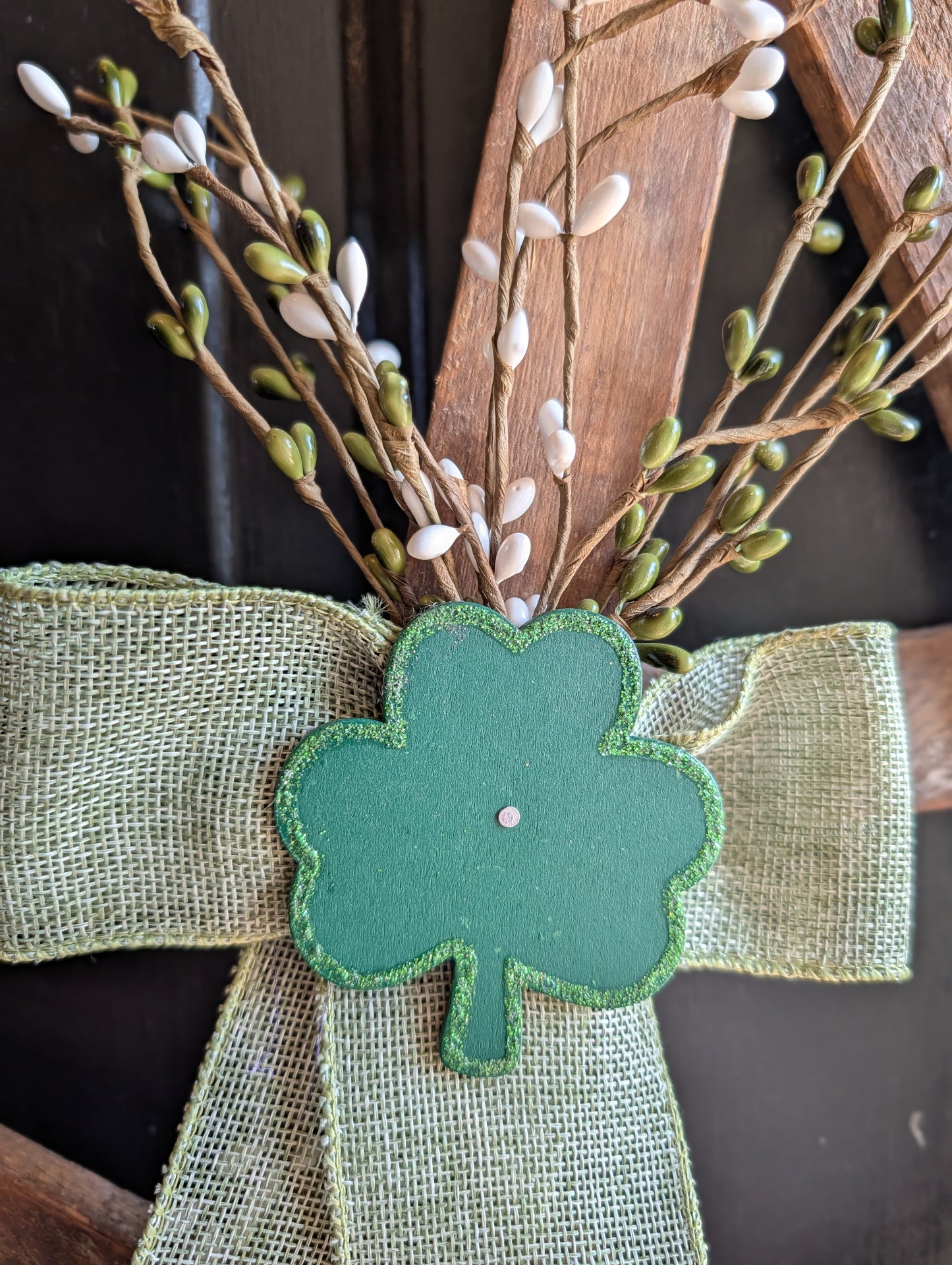 Rustic Wooden Star Door Hanger, St. Patrick’s Day Farmhouse Decor with Shamrock Accent