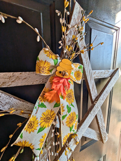 Amish Made Rustic Wooden Star Door Hanger, Sunflower Honeybee Decor, 24"