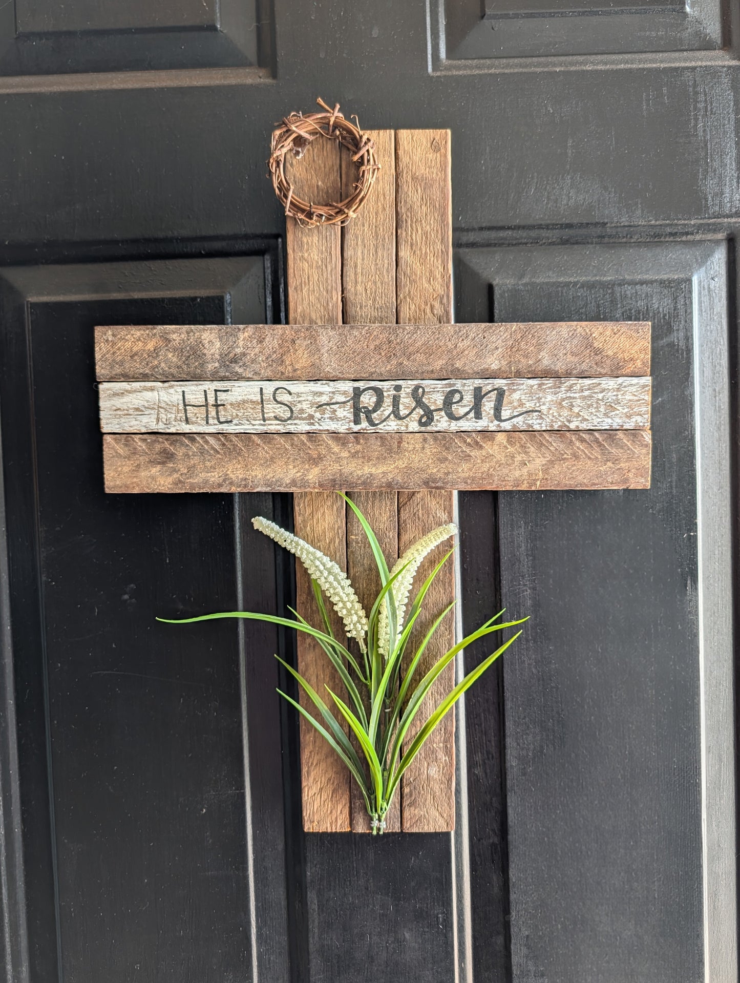 Amish Made Wooden "He is risen" Cross Decor | Wood Lathe Cross | Rustic Farmhouse Christian Home Decor | White or Natural Wood
