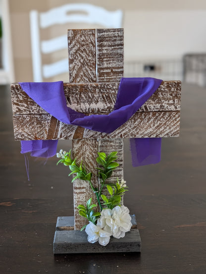 Amish Made Wooden Cross Decor | Wood Lathe Cross with Base | Rustic Farmhouse Christian Home Decor | Small or Large | White or Natural Wood