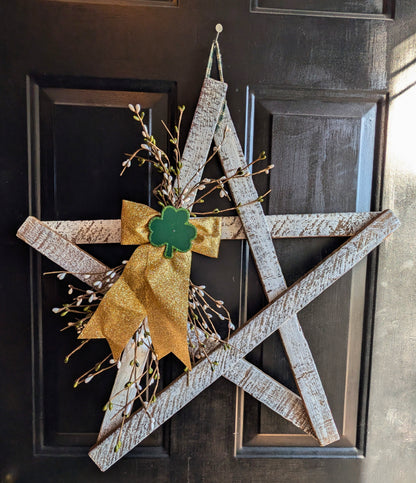 Rustic Wooden Star Door Hanger, St. Patrick’s Day Farmhouse Decor with Shamrock Accent