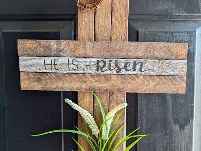 Amish Made Wooden "He is risen" Cross Decor | Wood Lathe Cross | Rustic Farmhouse Christian Home Decor | White or Natural Wood