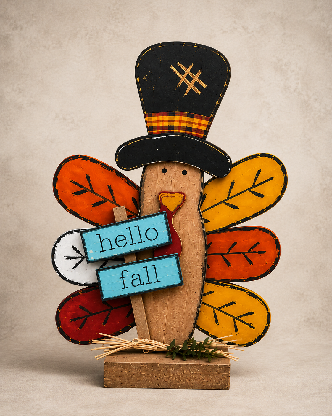 Amish Made Hello Fall Turkey Porch Sitter and Yard Stake | Handmade Wooden Garden Decor | Rustic Fall Decor