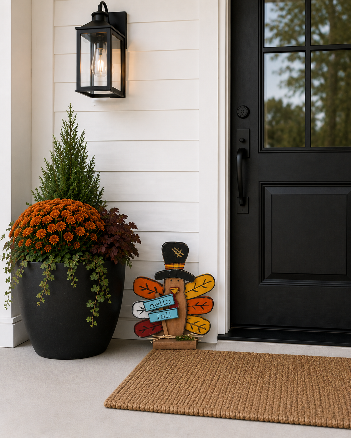 Amish Made Hello Fall Turkey Porch Sitter and Yard Stake | Handmade Wooden Garden Decor | Rustic Fall Decor