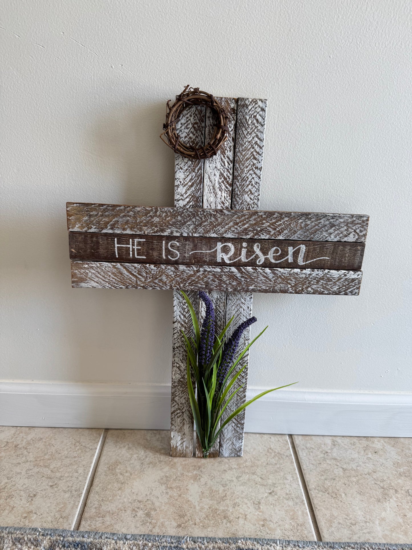 Amish Made Wooden "He is risen" Cross Decor | Wood Lathe Cross | Rustic Farmhouse Christian Home Decor | White or Natural Wood