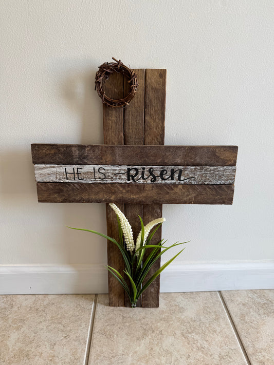 Amish Made Wooden "He is risen" Cross Decor | Wood Lathe Cross | Rustic Farmhouse Christian Home Decor | White or Natural Wood