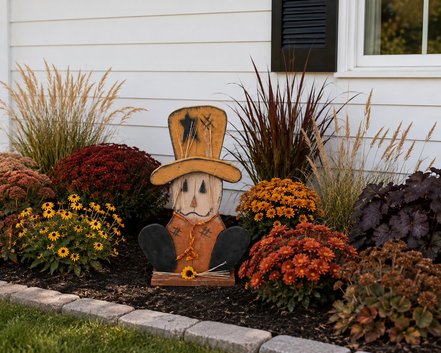 Amish Made Scarecrow Porch Sitter and Yard Stake | Handmade Wooden Garden Decor | Rustic Fall Decor