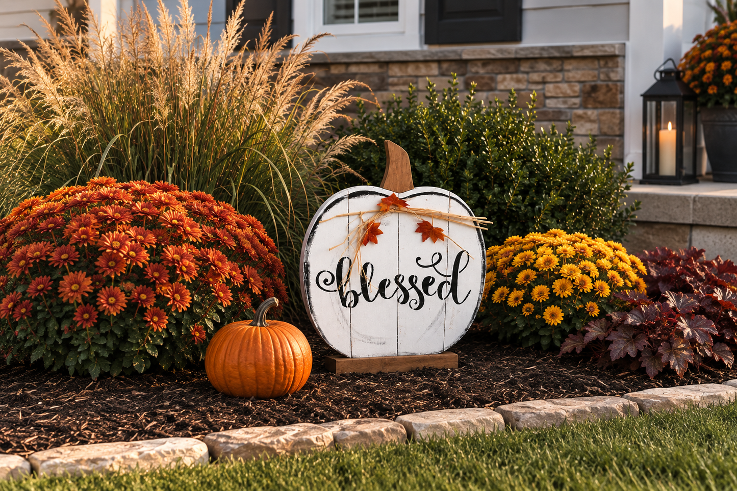 Amish Made "Blessed" Pumpkin Porch Sitter and Yard Stake | Handmade Wooden Garden Decor | Rustic Fall Decor