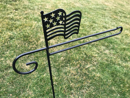 Heavy Duty Wrought Iron American Flag Holder - Garden Decoration Stand - Black Outdoor Metal Yard Flagpole - Amish Made in the USA