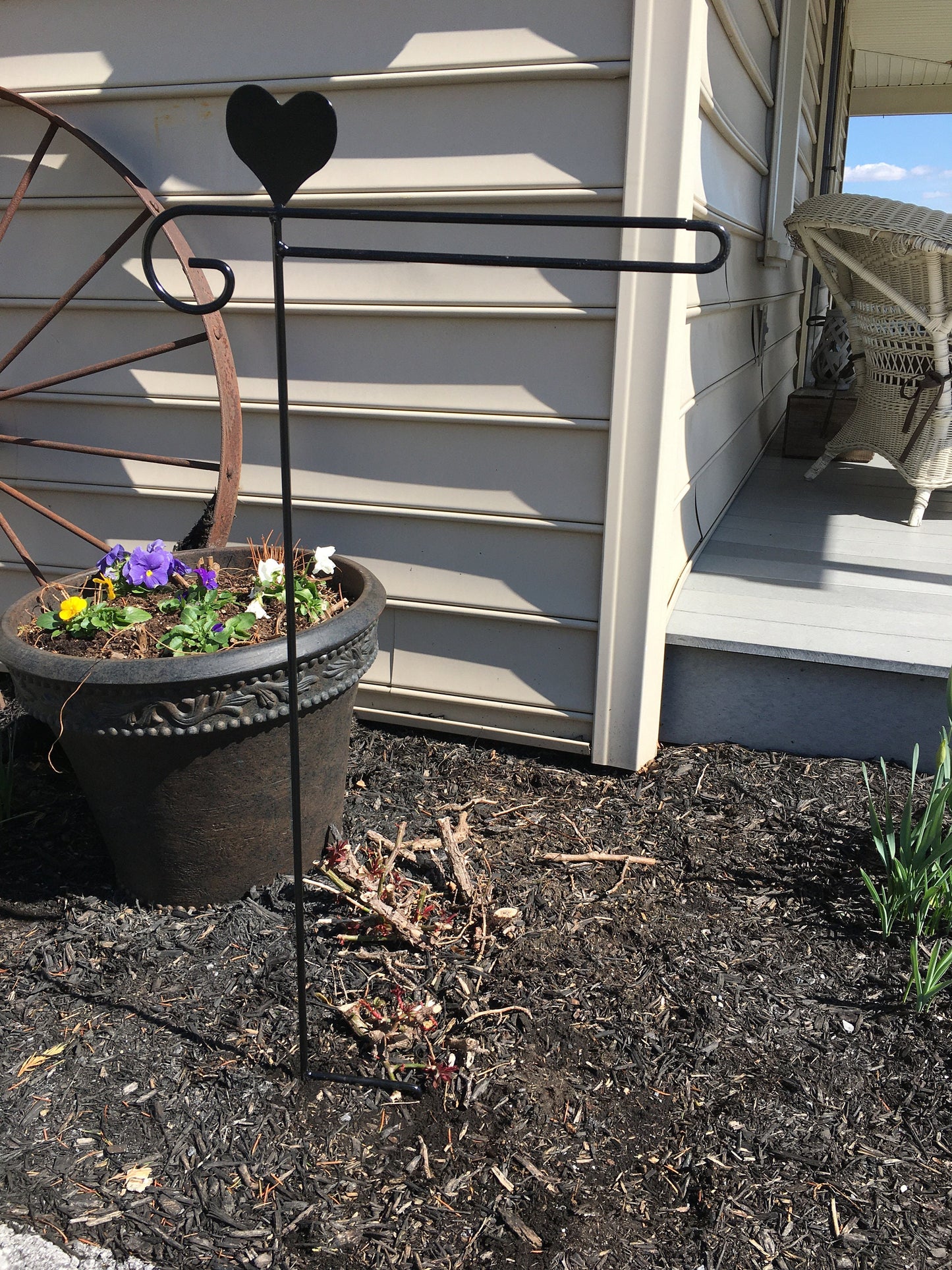 Heart Flag Holder Stand - Heavy Duty Black Wrought Iron - Powder coated - 36" above ground - Amish made