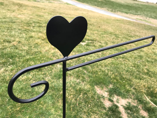 Heart Flag Holder Stand - Heavy Duty Black Wrought Iron - Powder coated - 36" above ground - Amish made