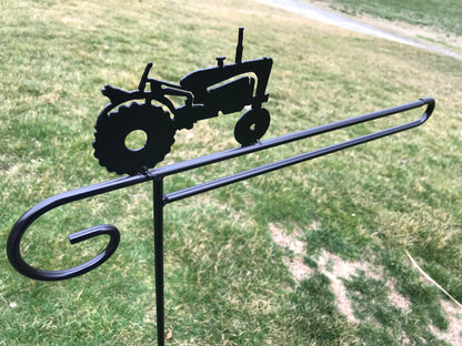 Farm Tractor Flag Holder Stand - Heavy Duty Black Wrought Iron - Powder Coated