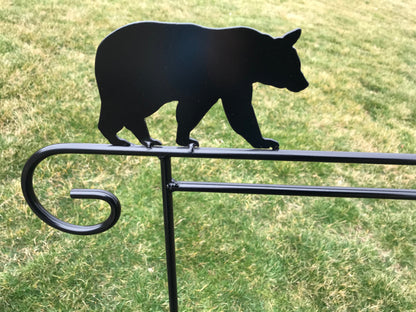 Grizzly Bear Garden Flag Holder Stand - Heavy Duty Black Wrought Iron - Powder Coated - 36" above the ground - Amish made