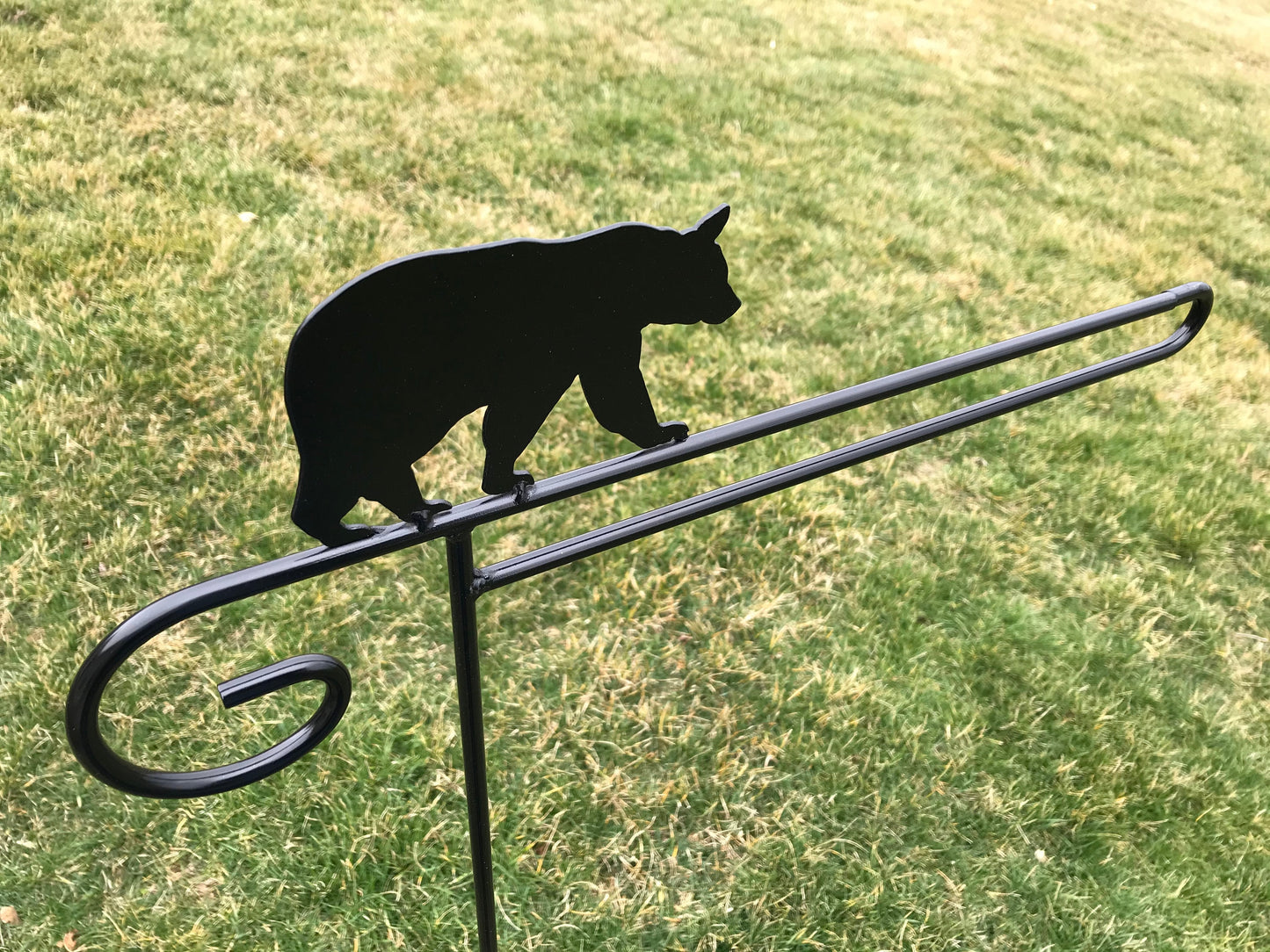 Grizzly Bear Garden Flag Holder Stand - Heavy Duty Black Wrought Iron - Powder Coated - 36" above the ground - Amish made