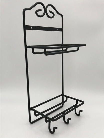 Handcrafted Wrought Iron Wall-Mounted Double Shelf Unit with Hooks, Amish Made