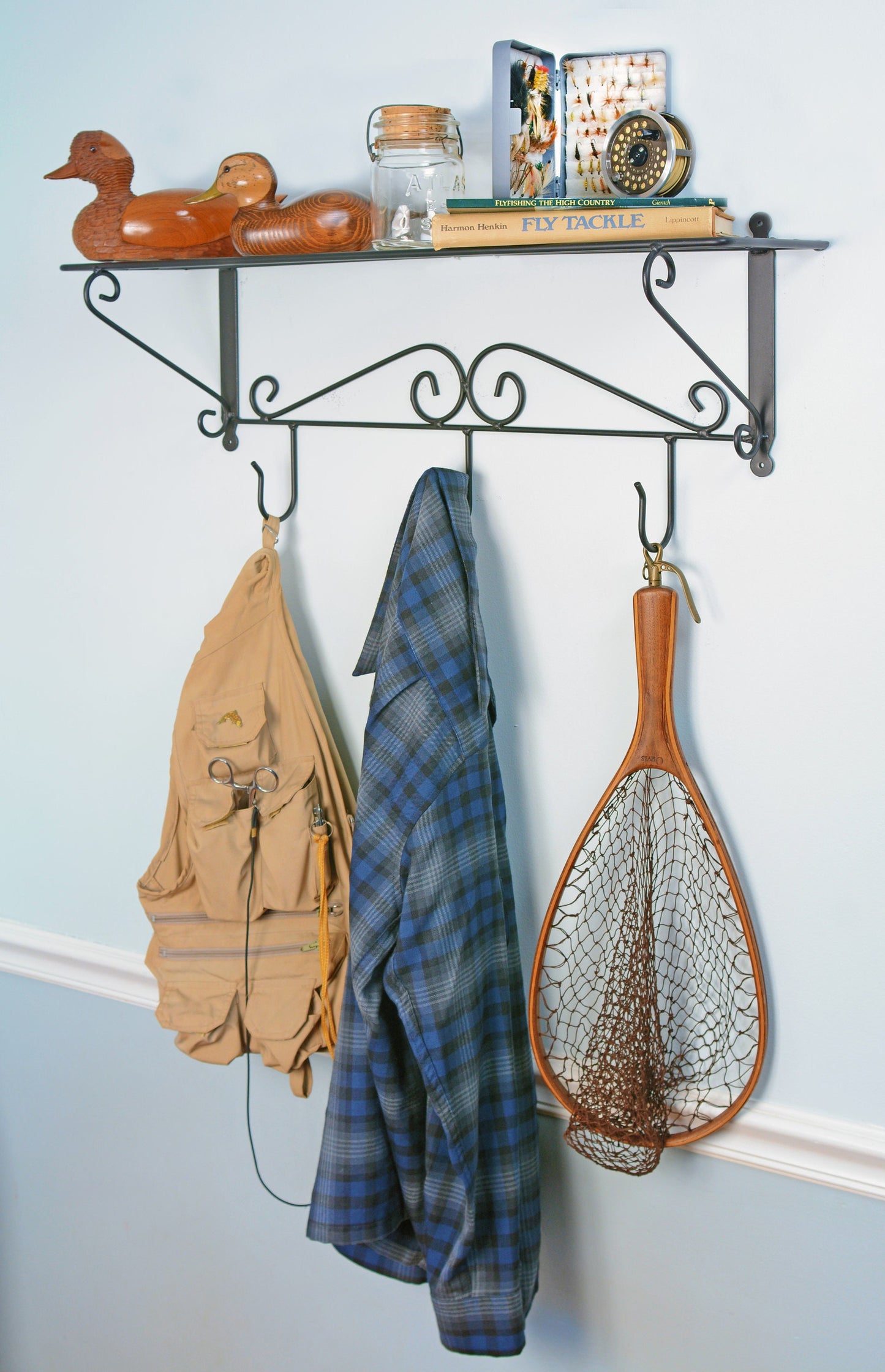 Wall Mount Shelf with 3  Hooks Wrought Iron Amish made USA