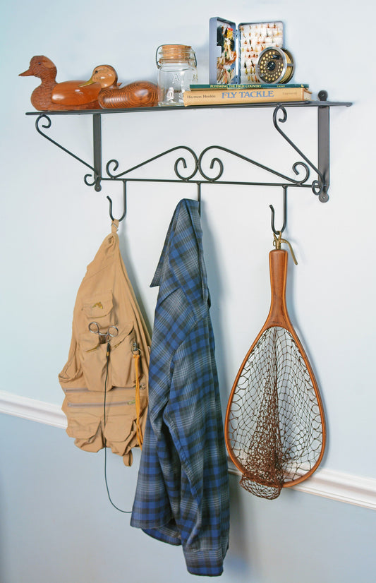 Wall Mount Shelf with 3  Hooks Wrought Iron Amish made USA