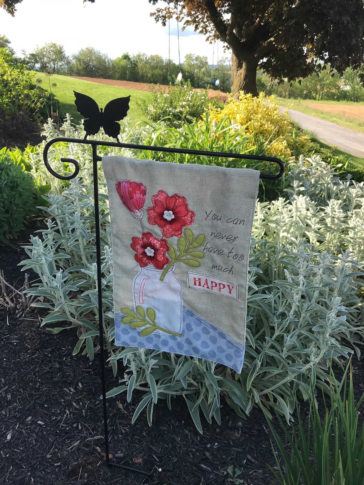 Black Butterfly Garden Flag Holder Stand - Heavy Duty Wrought Iron - Powder Coated -  Amish Made