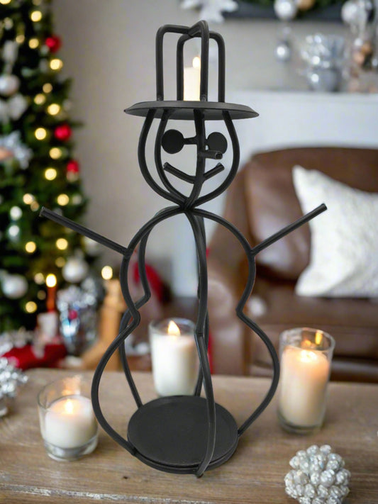 Black Wrought Iron Metal Snowman Candle Holder - small & large - Amish made