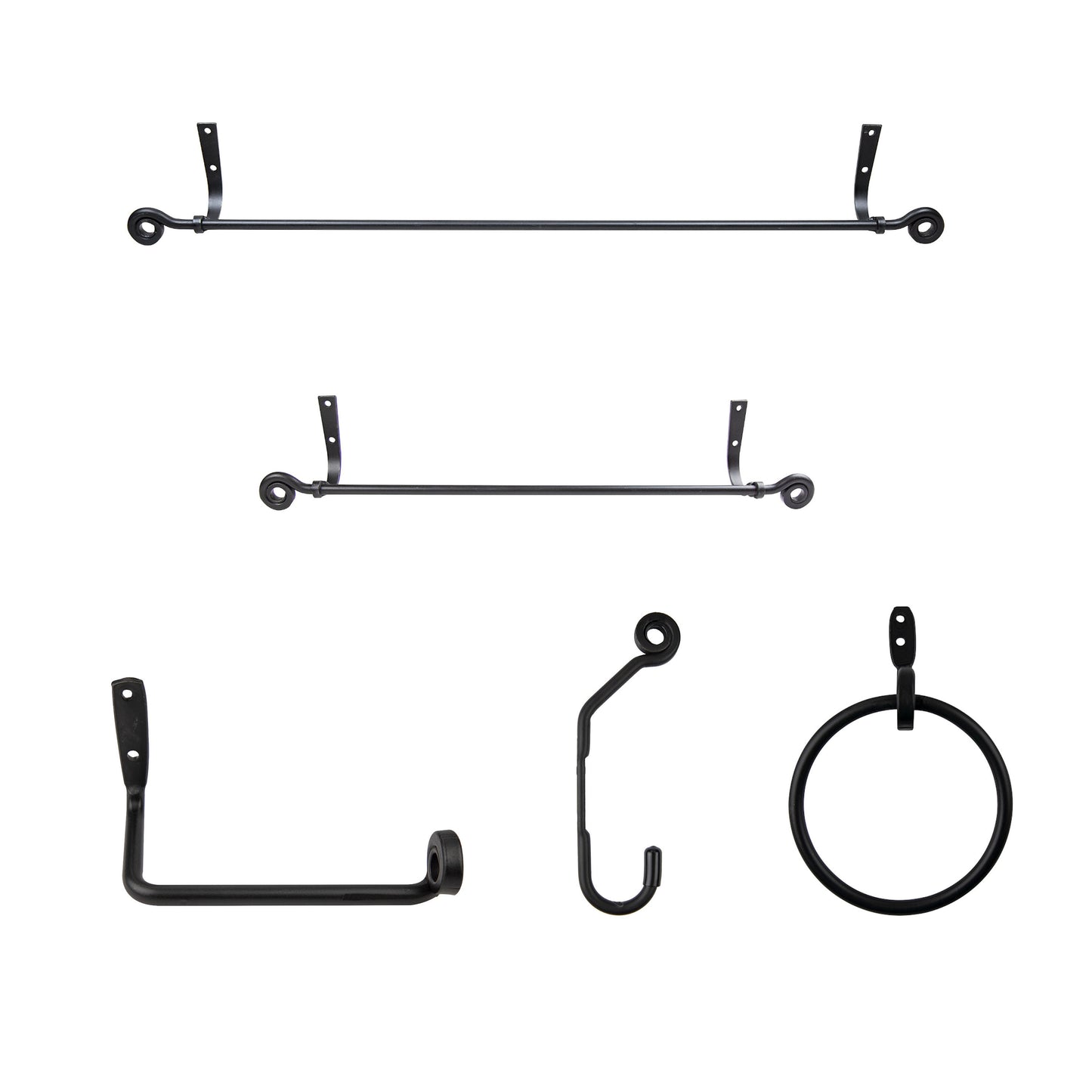 Farmhouse 5-Piece Wrought Iron Bathroom Hardware Set - Towel Bar, Towel Ring, Toilet Paper Holder, Robe Hook