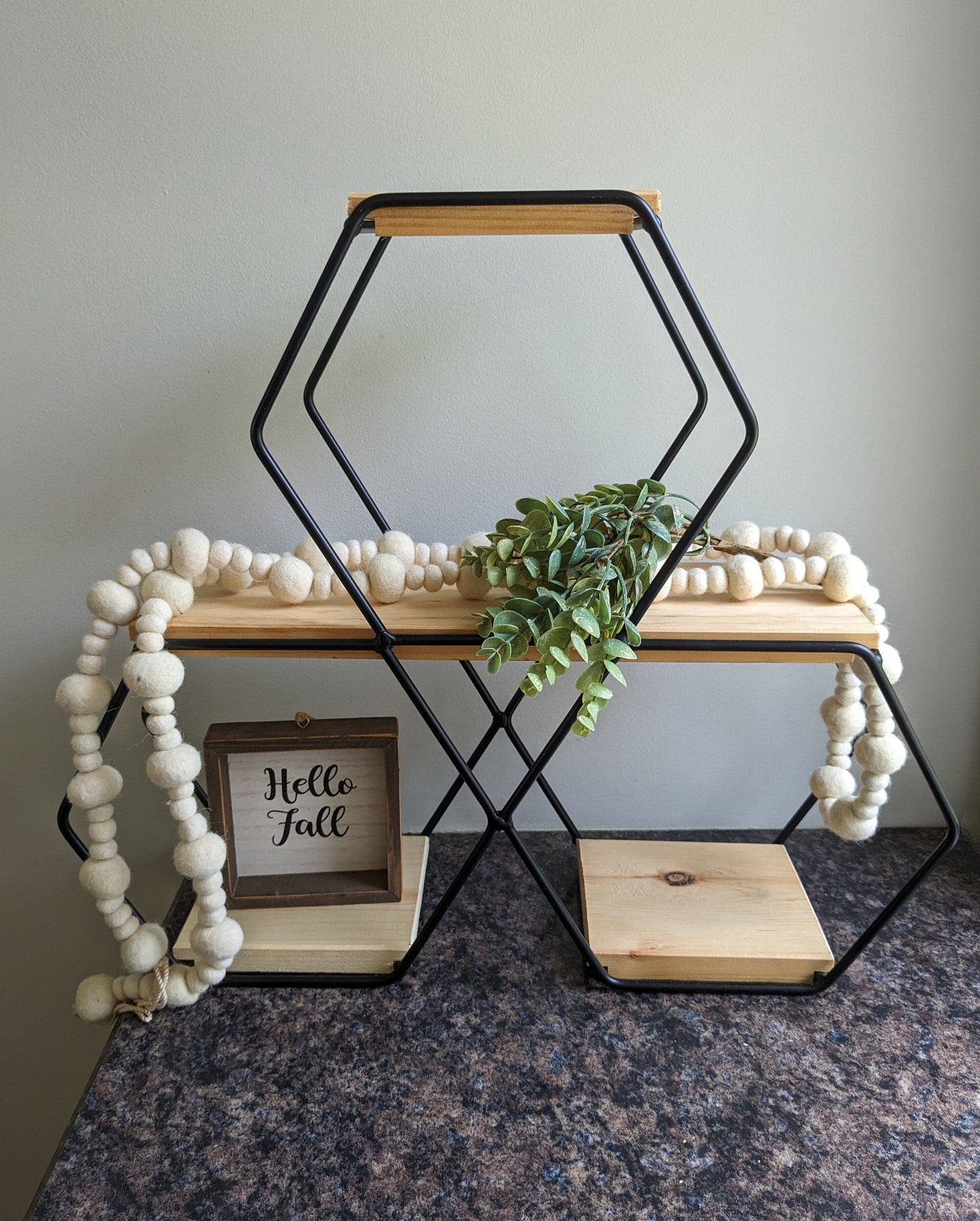 Wrought Iron Hexagon Shadow Box with Wooden Shelves